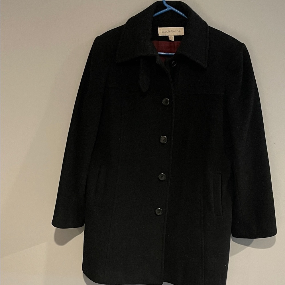 Liz Claiborne long Black Women's Coat Size 16 Lambs Wool